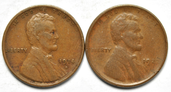 Five collector date Lincoln cents