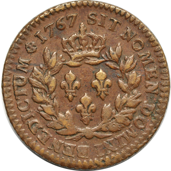 1767-A Copper Sou counterstamp RF, and a 1767-S Copper Sou no couterstamp