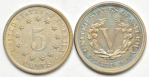Three Liberty nickels and a Shield nickel, as described