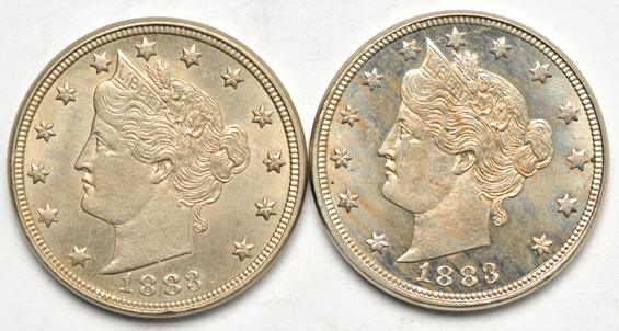 Three Liberty nickels and a Shield nickel, as described