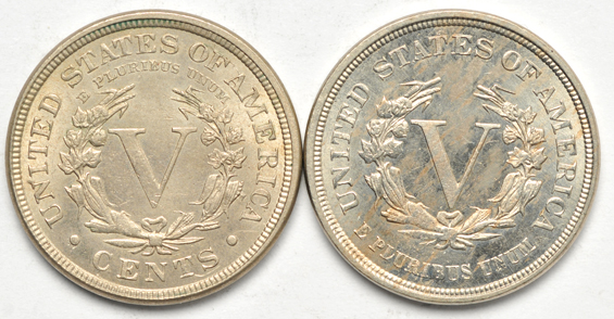 Three Liberty nickels and a Shield nickel, as described
