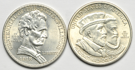 Six silver commemorative half-dollars