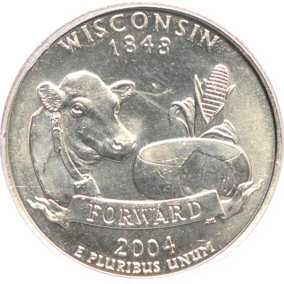 2004-D Wisconsin quarter Extra Leaf High, and 2004-D Wisconsin quarter Extra Leaf Low, both PCGS MS-64