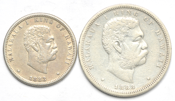 1883 Hawaii S50c VF, and an 1883 Hawaii S25c XF