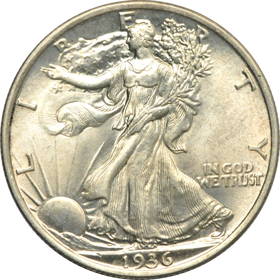 1883-O Morgan silver dollar, plus a 1934 and 1936 Walking Liberty half-dollar, all BU