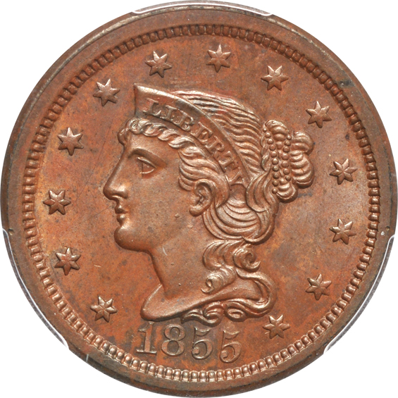 1854 and 1855 Upright 55, both PCGS MS-64 BN