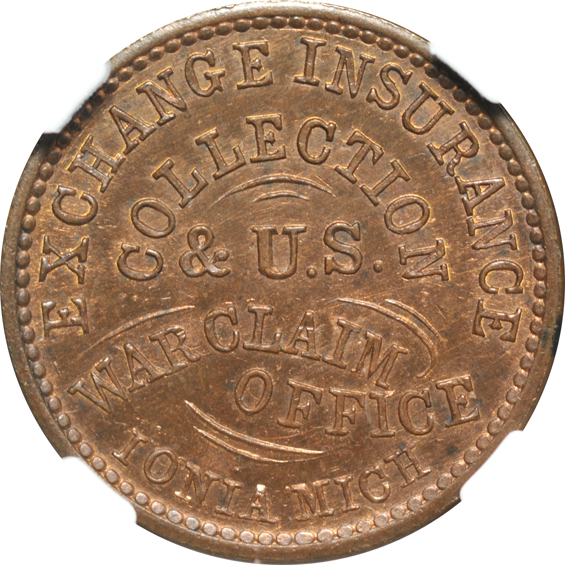 Pair of Michigan store-card tokens. 1863 WM Jackson Groceries MS-65 BN, and an 1863 James Kennedy MS-65 RB, both NGC