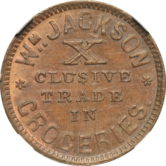 Pair of Michigan store-card tokens. 1863 WM Jackson Groceries MS-65 BN, and an 1863 James Kennedy MS-65 RB, both NGC