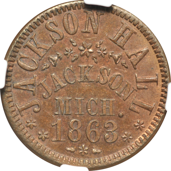 Pair of Michigan store-card tokens. 1863 WM Jackson Groceries MS-65 BN, and an 1863 James Kennedy MS-65 RB, both NGC