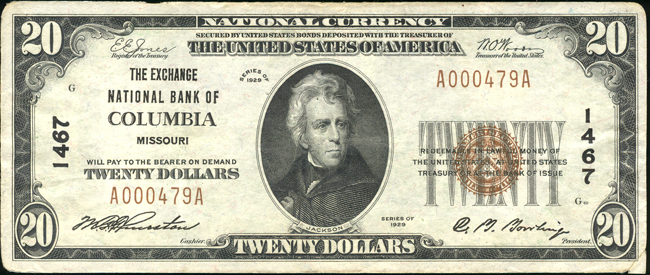 Two 1929 $20 Type 1 - Columbia, MO Charter #1467 - VF