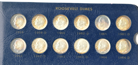Complete collection of silver BU Roosevelt dimes in a Whitman Classic 9119 album