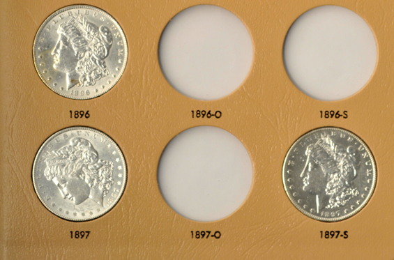Collection of twenty-eight different Morgan dollars in a Dansco 7179 album
