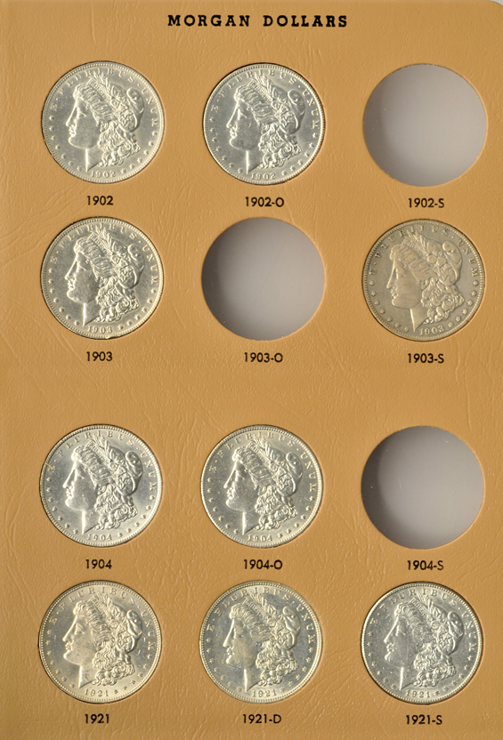 Collection of twenty-eight different Morgan dollars in a Dansco 7179 album