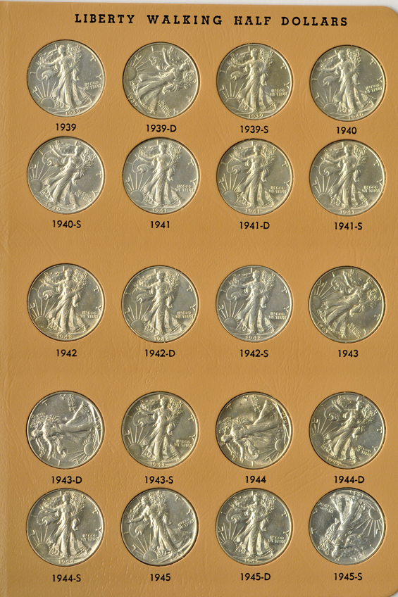 Collection of forty-one different Walking Liberty half-dollars in a Dansco 7160 album