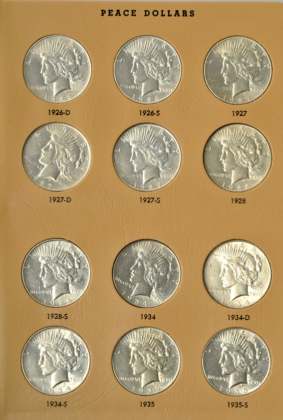 Complete collection of Peace silver dollars in a Dansco 7175 album