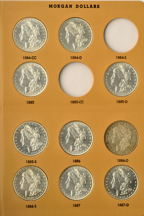 Collection of forty-two different Morgan silver dollars in a Dansco 7178 album