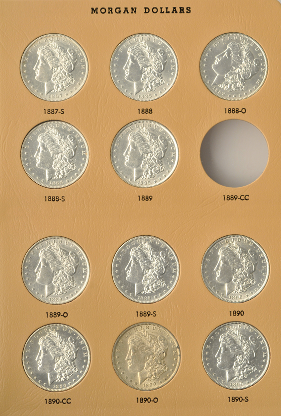 Collection of forty-two different Morgan silver dollars in a Dansco 7178 album