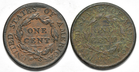 Five large cents, as described