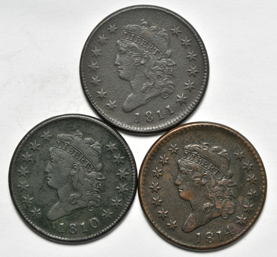 Five large cents, as described