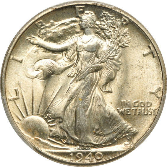 Four Walking Liberty half-dollars certified MS-65 by PCGS