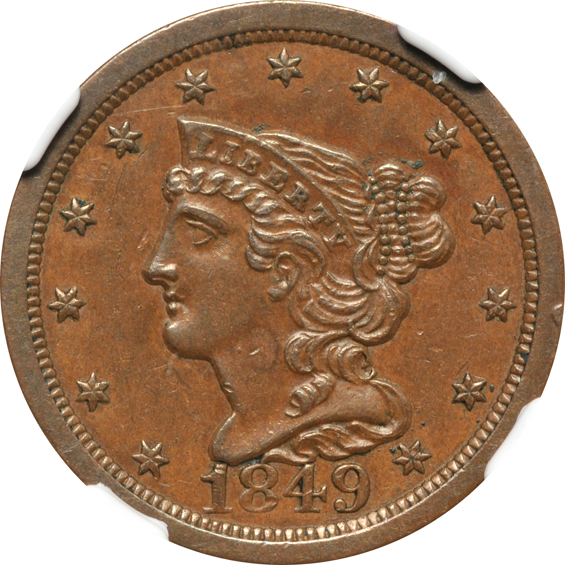 1804 Plain 4 - No Stems VF-30, and an 1849 Large Date C-1 AU-58 BN, both NGC