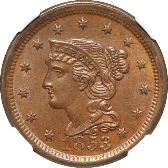 1826 AU-58 BN, and an 1853 MS-63 BN CAC, both NGC