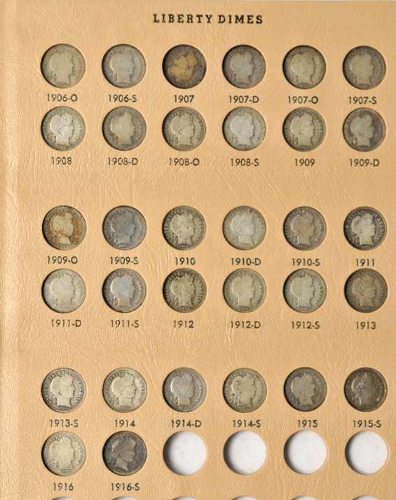 Collections of Barber dimes and Barber quarters in Dansco albums