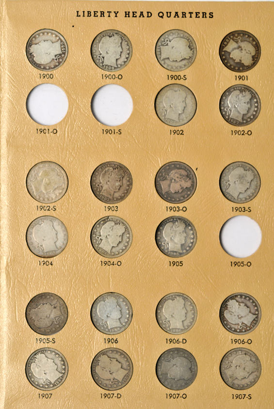Collections of Barber dimes and Barber quarters in Dansco albums
