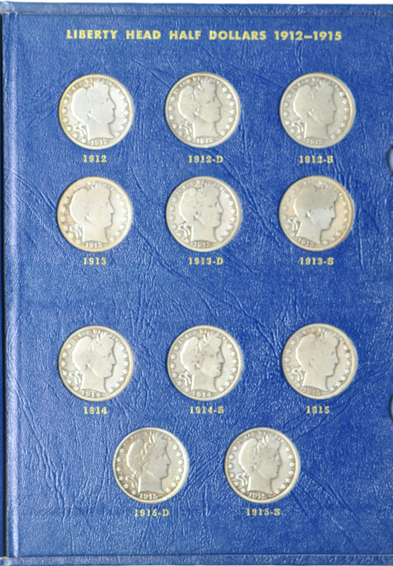Nearly complete collection of Barber half-dollars in two Whitman albums
