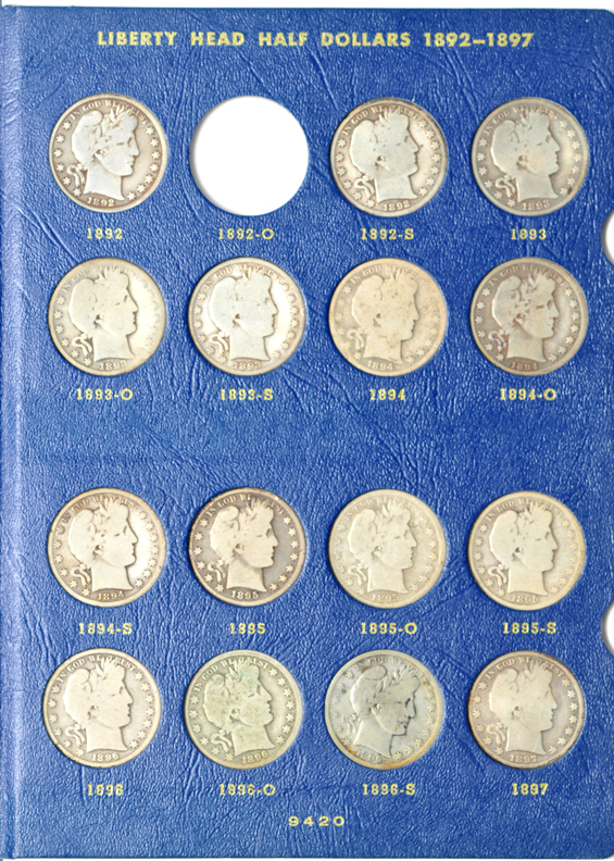 Nearly complete collection of Barber half-dollars in two Whitman albums