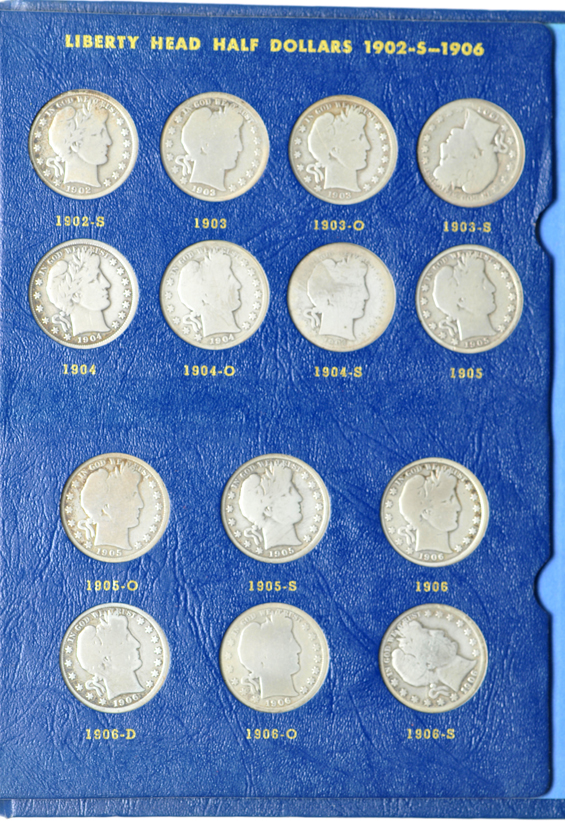 Nearly complete collection of Barber half-dollars in two Whitman albums