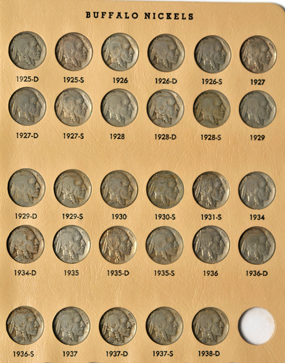 Sixty-two different Buffalo nickels in a Dansco 7112 album