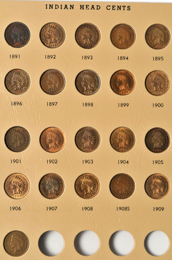 Collection of forty-five different Indian Head cents in a Dansco 7101 album