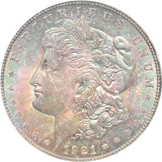 Five Morgan silver dollars certified by PCGS