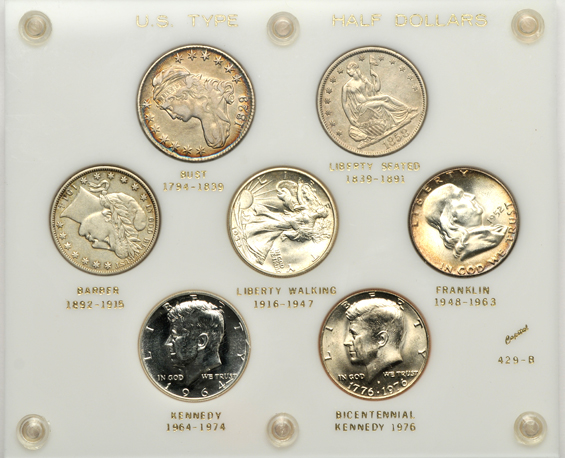 Seven-coin U.S. half-dollar type set in a Capital Plastics holder