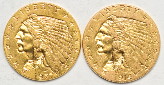 Four Indian Head quarter-eagles, all AU