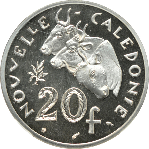 New Caledonia - 1979-Piefort 1 franc MS-68, 2 francs MS-67, and 20 francs PR-66 Ultra Cameo, all NGC