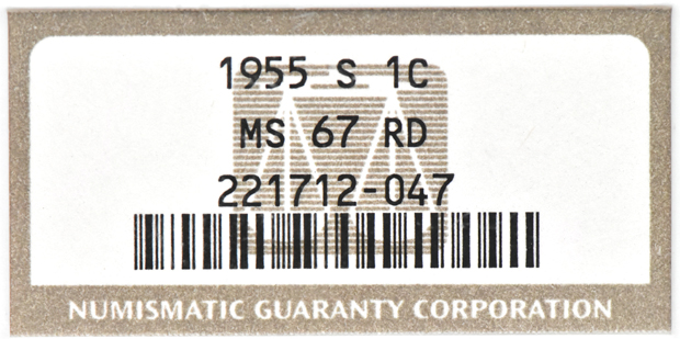 1955-S Cent NGC, MS-67 RD