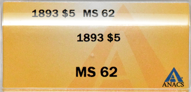1893 Gold $5 ANACS, MS-62