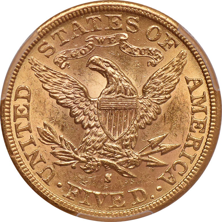1886-S Gold $5 PCGS, AU-58