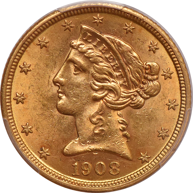 1908 Gold $5 PCGS, MS-61