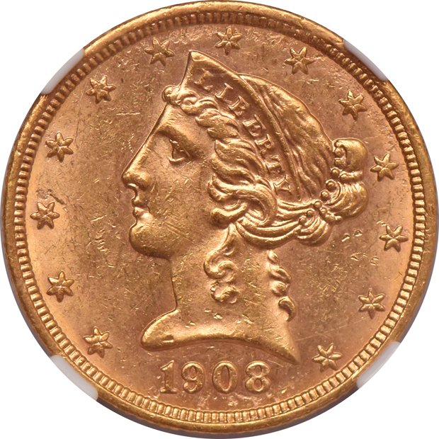 1908 Gold $5 NGC, MS-61