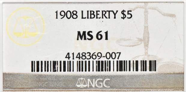 1908 Gold $5 NGC, MS-61