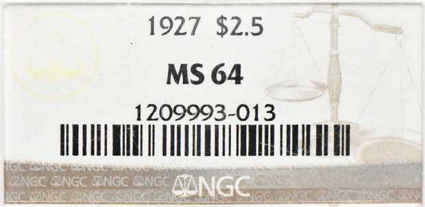 1927 Gold $2.50 NGC, MS-64