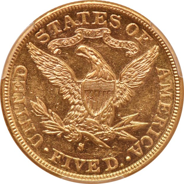 1899-S Gold $5 PCGS, AU-58
