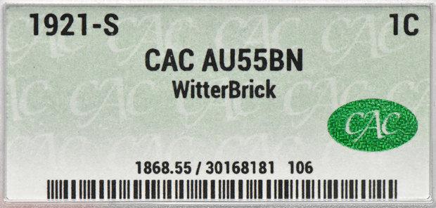 1921-S Cent CACG, AU-55 BN