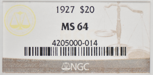 1927 Gold $20 NGC, MS-64