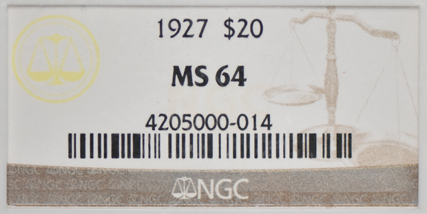 1927 Gold $20 NGC, MS-64