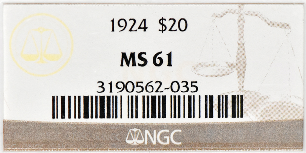 1924 Gold $20 NGC, MS-61