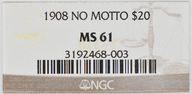 1908 Gold $20 NO MOTTO NGC, MS-61